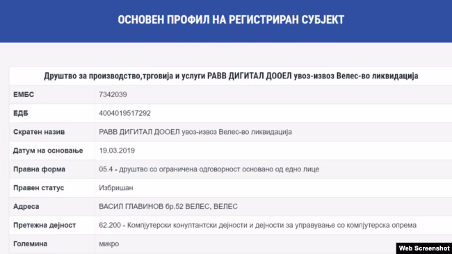 Податоци од Централен Регистар за фирмата на Румен Наумовски Равв Дигитал